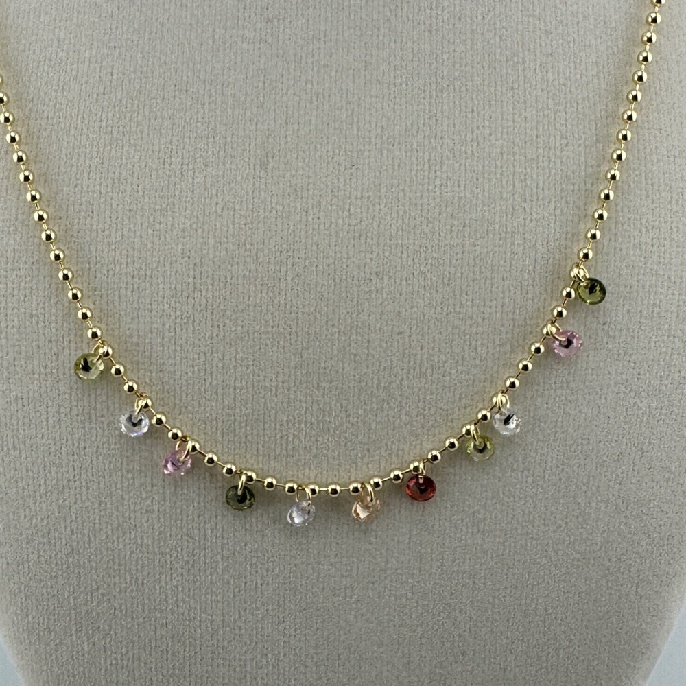 Gold Tone Multi Color Crystal Charm Ball Chain Necklace Adjustable Lobster Clasp - Picture 2 of 4